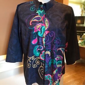 Chico’s Multi Colored, Paisley Blouse, Lg. Blue, Purple, Pink, Tan, Button-down